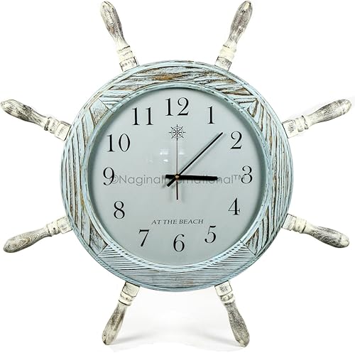 Nagina International Reloj de rueda de barco de pared de pirata náutico de madera de pino azul océano antiguo de 28 pulgadas | Regalo vintage