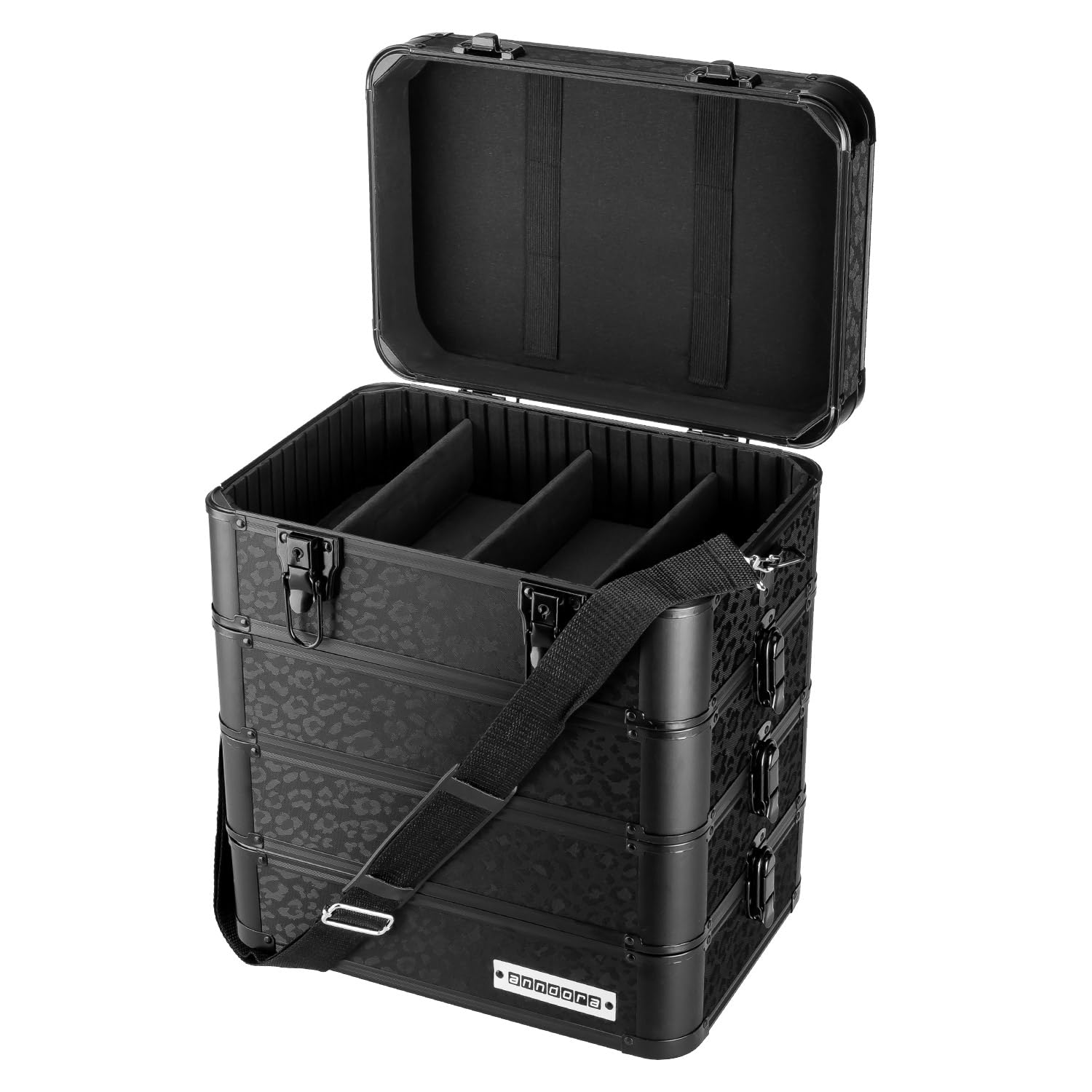 anndora Universalkoffer Etagenkoffer 23 Liter Werkzeugkiste 4 Ebenen – Leo Panther Design – komplett schwarz
