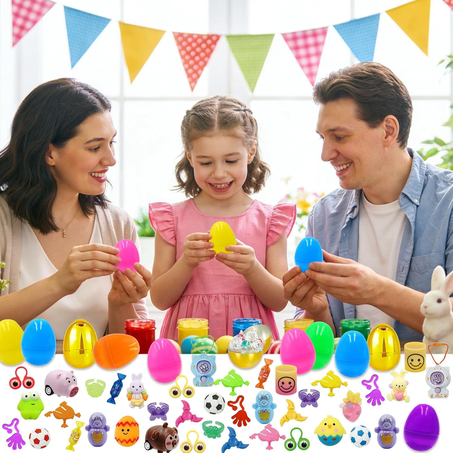 [6 Golden Surprise Eggs] 100 PCS Prefilled Easter Eggs with Assorted Toys, Plastic Easter Eggs Fillers with Toys for Kid Toddler Boys Girls Easter Hunt Prizes Basket Stuffers Party Favors