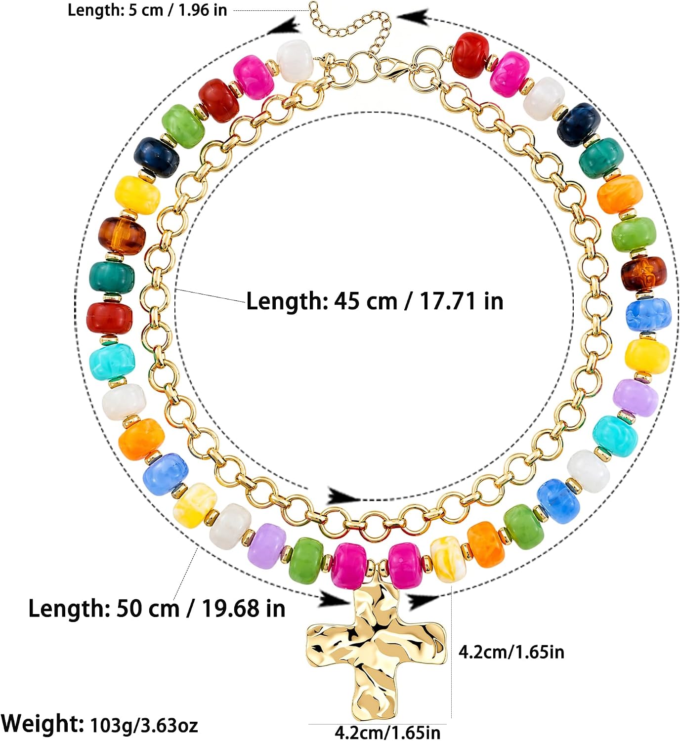 COLOYAN Colorful Chunky Beaded Cross Pendant Layered Necklace for Women | Gold Plated Chain, Acrylic Beads, 5 Styles Available, Adjustable Choker Necklace Jewelry Gift, for Party Beach Daily Wear