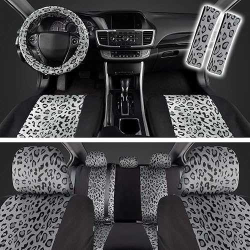 carXS - Juego completo de fundas de asiento de coche con estampado de leopardo, incluye almohadillas para cinturón de seguridad y funda para volante