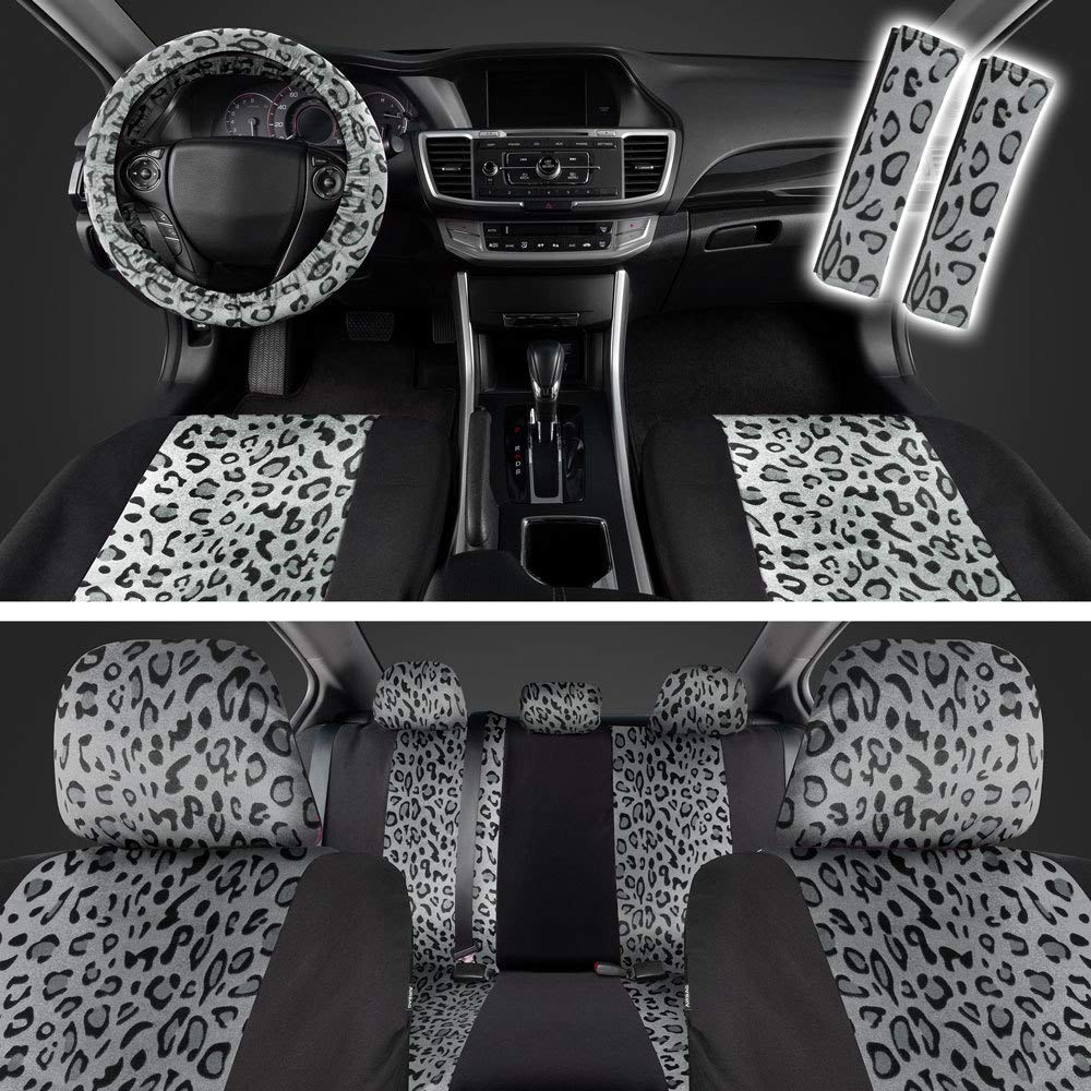carXS Leopard Print Car Seat Covers Full Set Includes Matching Seat Belt Pads and Steering Wheel Cover Two-Tone
