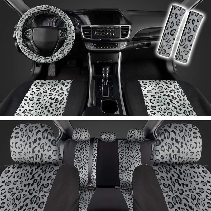 Kit Completo de Capas para Banco Automotivo BDK Leopard Gray com Estampa de Leopardo, Protetores de Cinto e Capa para Volante, 6 Peças