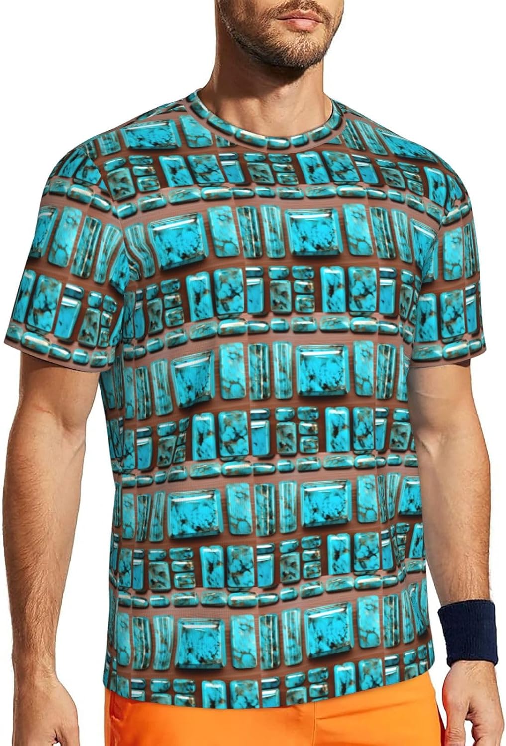 Bright Aqua Blue Turquoise Print Mens Short Sleeve Mesh T-Shirt Breathable Athletic Gym Running Casual Sports Wear