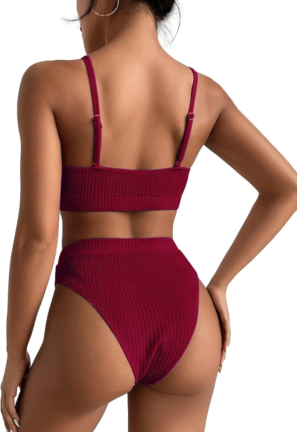 lilosy high waisted tummy control ribbed bikini crop top brazilian swimsuit set 2 piece medium burgundy red