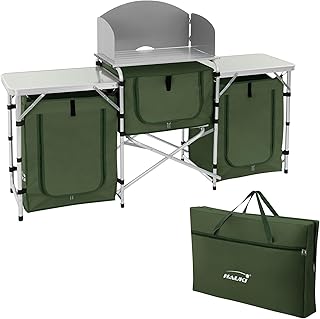 Hauki Mueble de Cocina para Camping Plegable Armario Caqui Multifuncional con Compartimentos de Almacenamiento y Encimera Aluminio Tienda Portátil con Cortavientos Acampada con Bolsa de Transporte