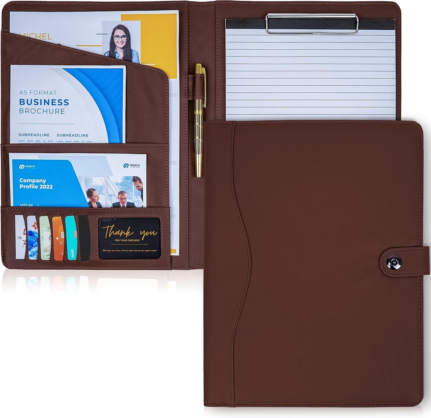 AMKSONS Portfolio Folder a4 in Brown with Clip Board and A4 Notepad - Premium PU Leather clipboard Folder with Document Compartments, Pen Holder, Flip Cover and Magnetic Closure