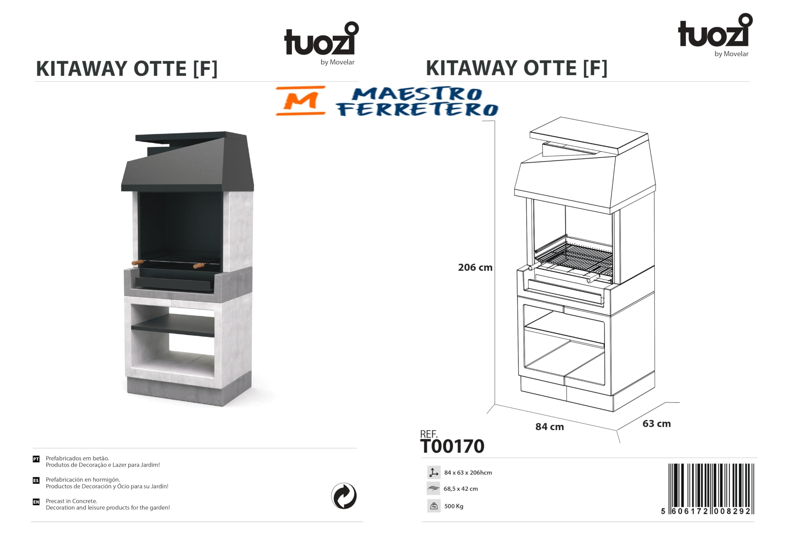MOVELAR - Barbecue da costruzione a legna e carbone, modello KITAWAY OTTE (grigio/bianco, 84 x 63 x 206 cm)