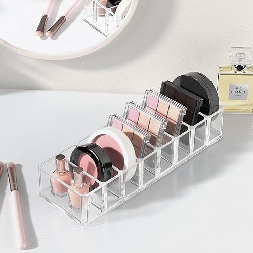 Miniatura 6 de HBlife Paquete de 2 organizadores compactos de maquillaje de acrílico transparente, soporte organizador de tocador de 8 espacios, almacenamiento de