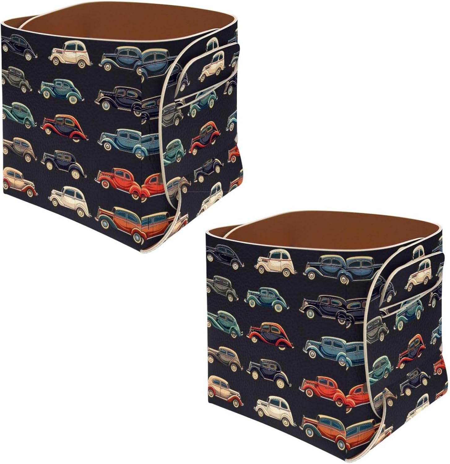 2 Pack Collapsible PU Leather Storage Box Decorative Small Desk Organizer for Pen Pencil Jewelry Makeup Accessories Storage, Vintage Colorful Cars Black Background