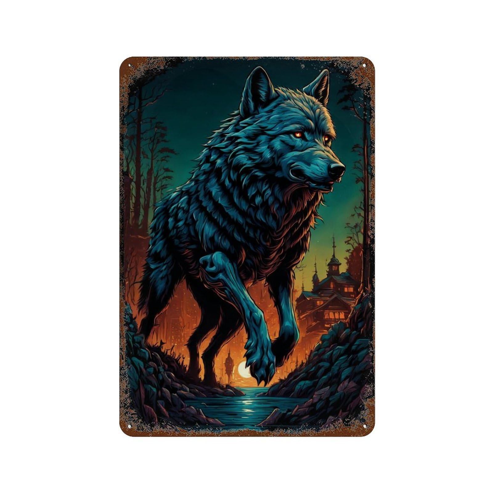 Garage Style Wolf in The Forest Rust Effect Tin Sign 11.8"x7.9", Rustic Home Decor for Bar And Workshop