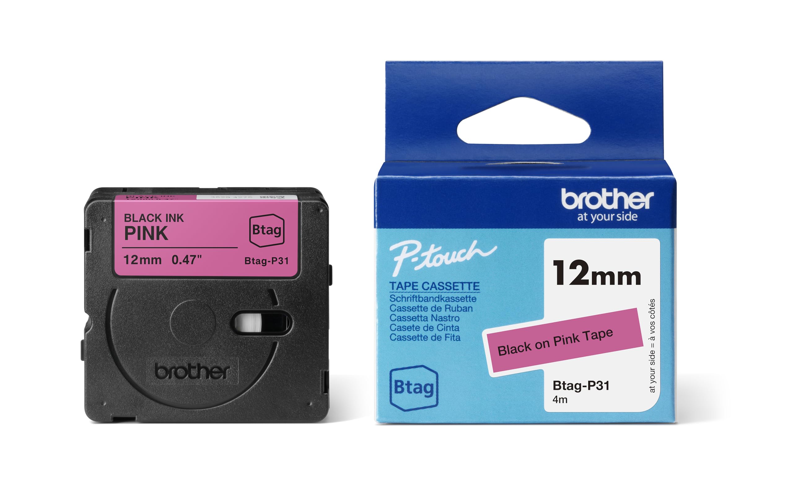 Brother Original Btag-P31 Label Tape 12 mm Wide 4 m Long Black/Pink