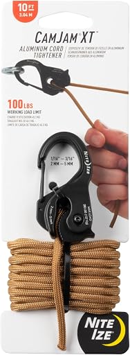 Nite Ize CamJam XT Aluminum Rope Tightener - Adjustable Rope System for Camping & Hiking Gear - Carabiner Clip & Cam-Locking Mechanism - Rotatable Cam Design - Lightweight & Durable - Coyote