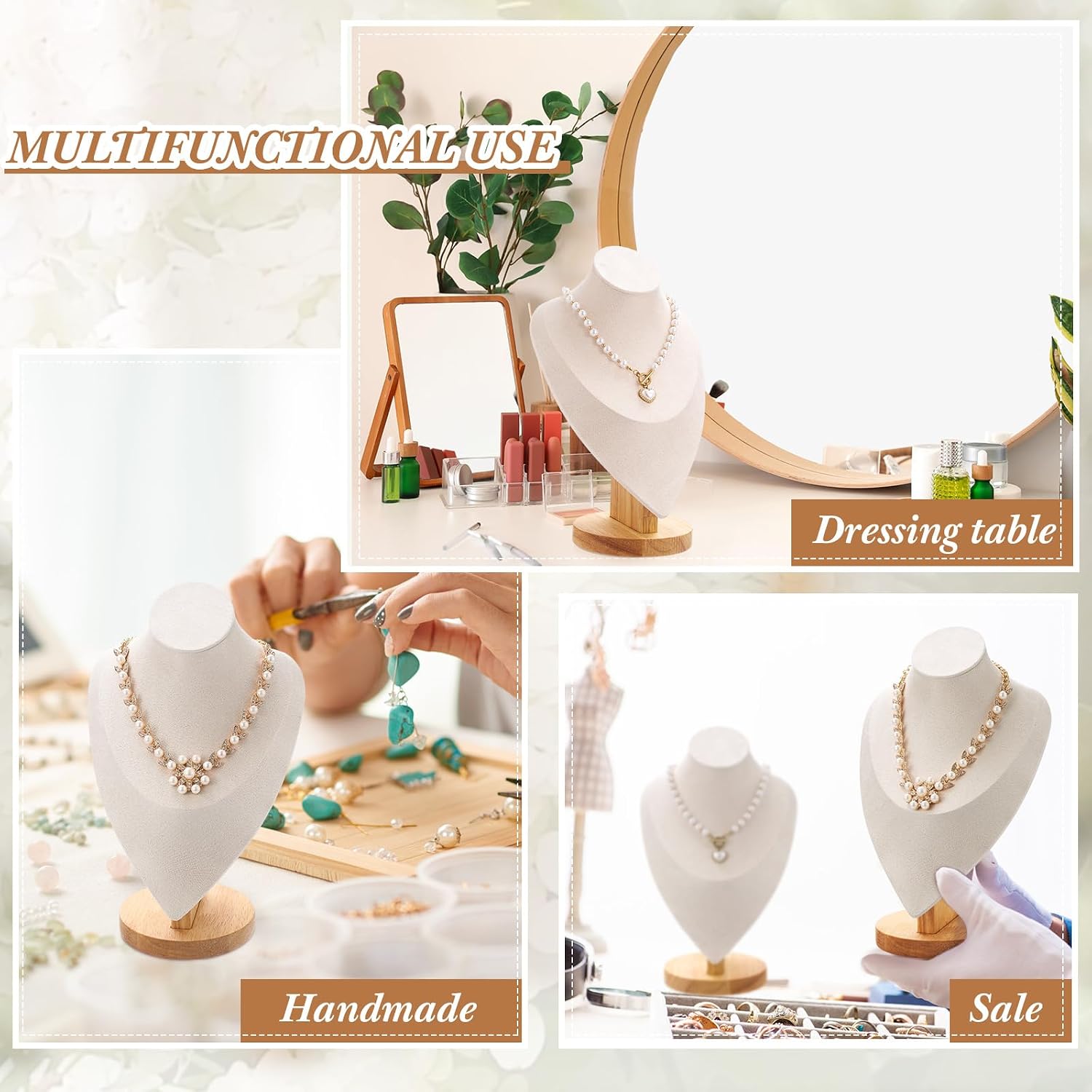 Juexica Necklace Display Stand Bamboo Jewelry Bust for Vendors Necklace Mannequin Holder for Selling Home Trade Organizer(Beige,11.4 * 7.5 Inch)