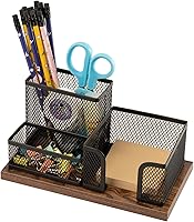 Vista 2 de Antique Wood & Mesh Pen Holder Office Supplies Caddy, Storage Baskets for Desktop Accessorieswith Sticky Notes Holder,3 Compartments(2 Pack Black)