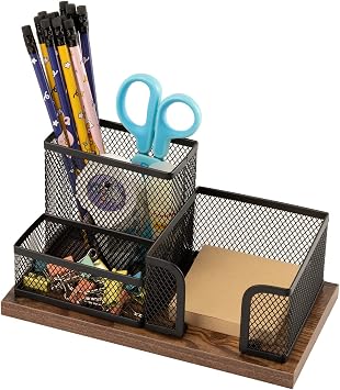 Antique Wooden Mesh Pen Holder Pen Box Desk Organiser with Pen Holder and Storage Baskets for Home and Office 3 Compartments (2 Pieces Black)