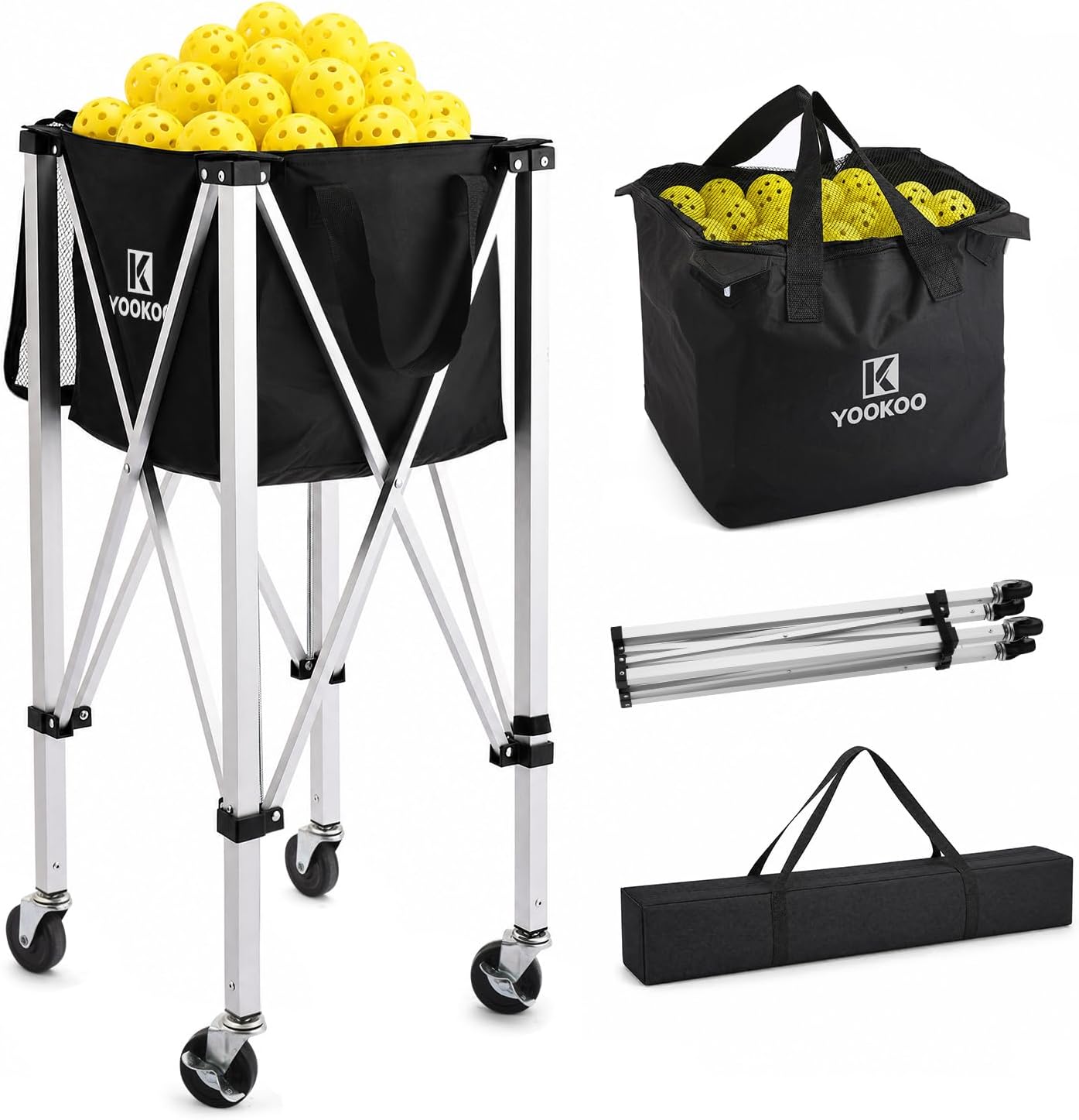 YooKoo Pickleball Basket with Lockable Wheels, Collapsible Pickleball Hopper Holds Up to 100 Balls, Sports Equipment Organizer Suitable for Ball Court, School, Garage