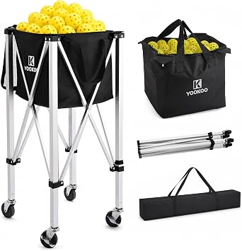 YooKoo Pickleball Hopper for 100 Balls, Pickleball Basket with Black Bag | Easy Ball Storage; Lightweight Aluminum Frame; Lockable Wheels; Removable Oxford Ball Bag, Weighs 8 lbs; Fold to Carry