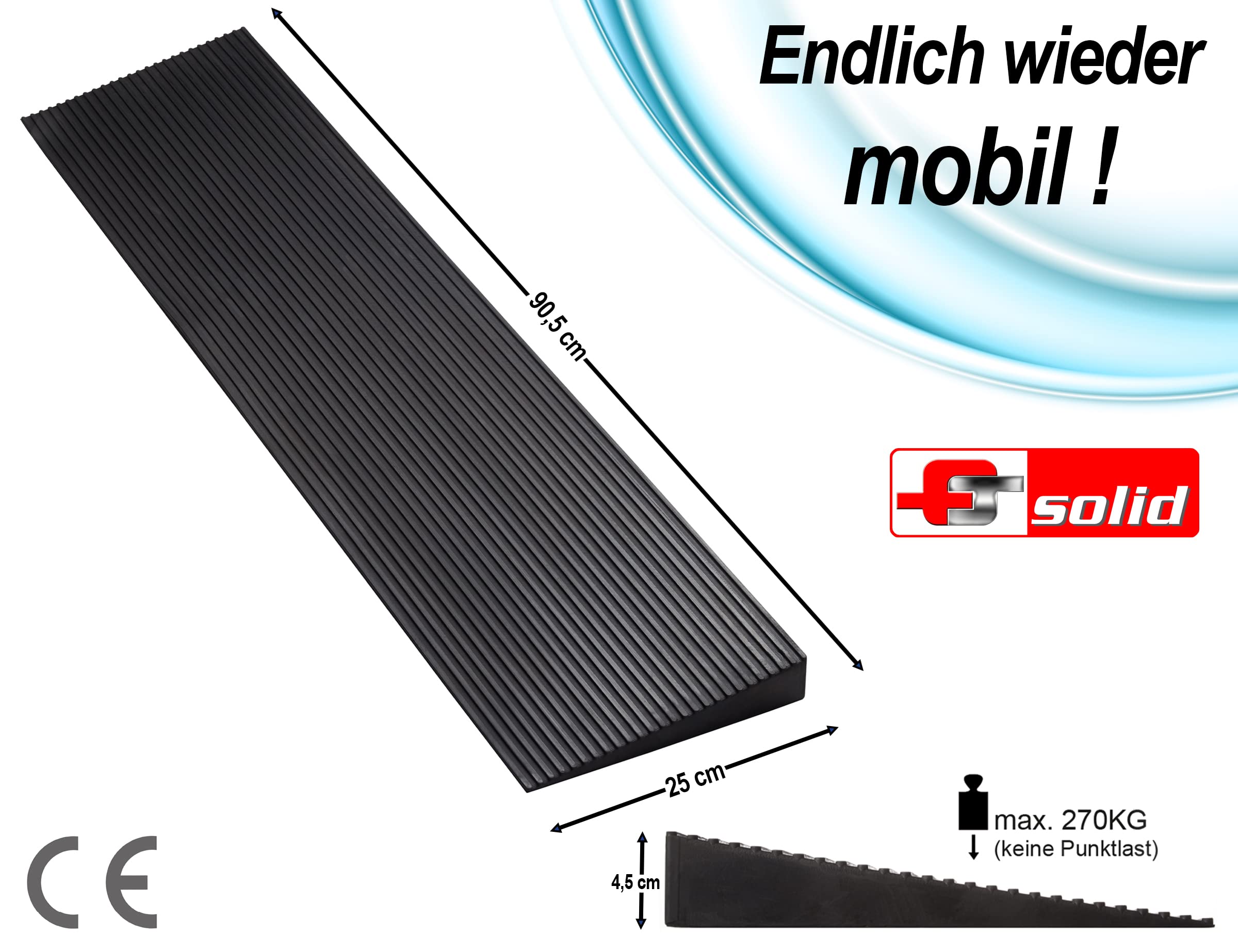 Rampa progowa 4,5 cm, gumowa rampa najazdowa, do wózków inwalidzkich, wózków inwalidzkich, chodzików lub skuterów elektrycznych (wysokość 4,5 cm x szerokość 90 cm)