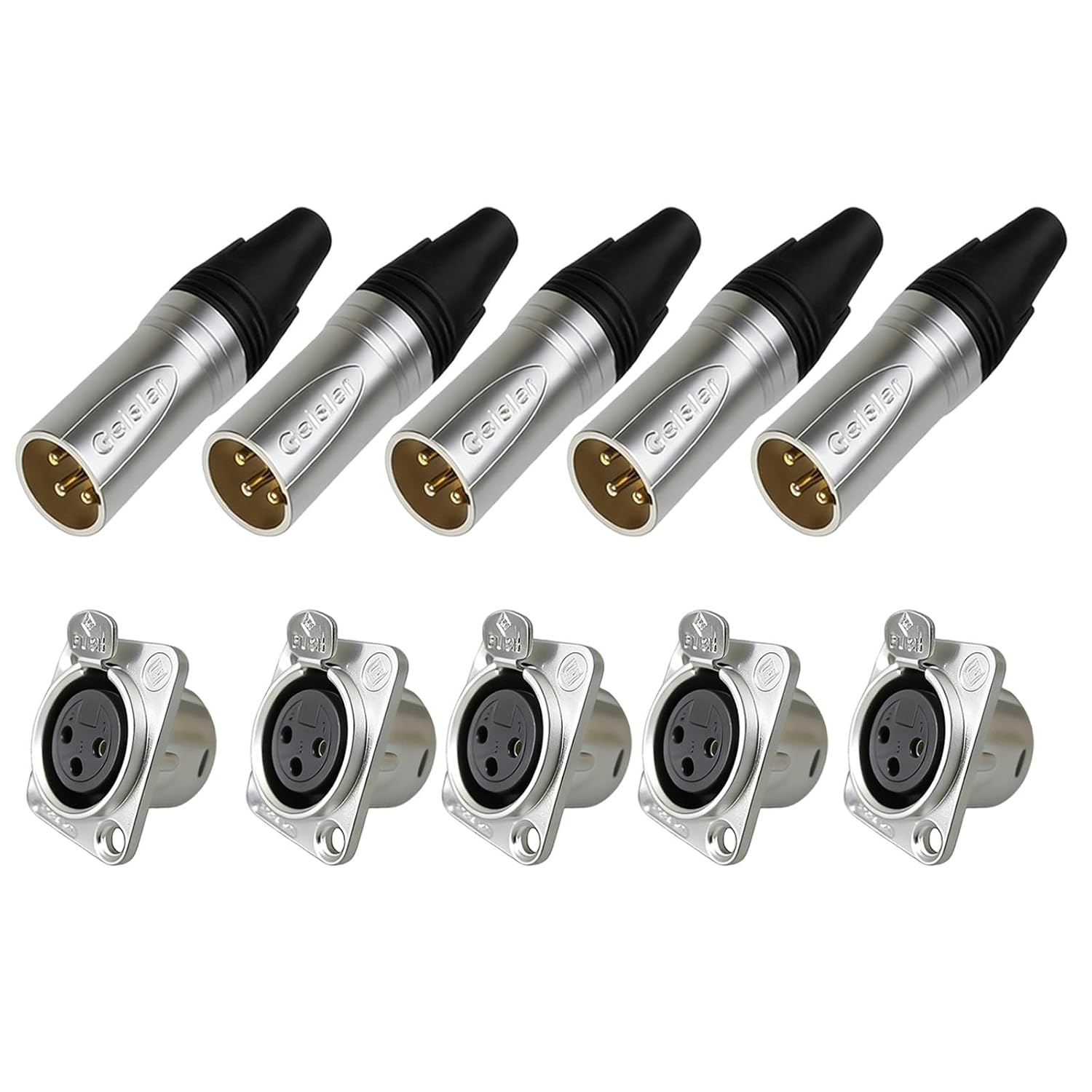 RIVIERA Geisler XLR 3pin Male Plug and Female Socket with Fine Nickel Plated housing with Optional Color Marking and flexiable Combination (5 Pack Black Male+5 Pack Famale)