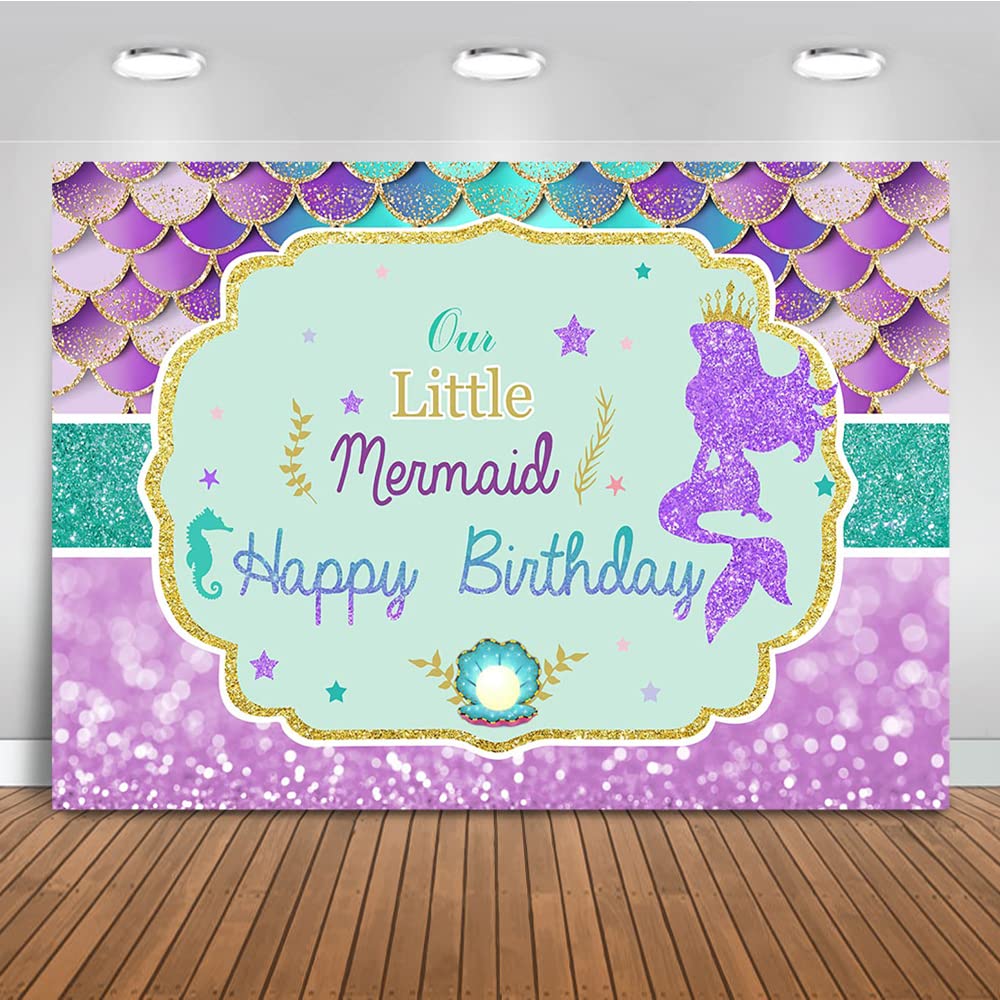 Mocsicka Mermaid Birthday Backdrop Purple Green Mermaid Scales Background Under The Sea Girls Birthday Party Cake Table Decoration Banner Photo Booth Props (7x5ft)