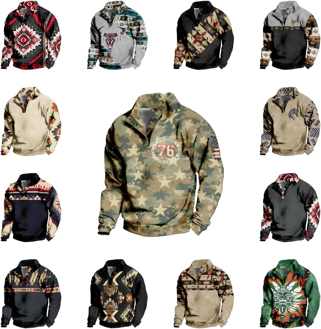 Aztec Print Cowboy Hoodie Mens Collar Neck Western Vintage Warm Casual Long Sleeve Button Pullover Sweaters - Image 5
