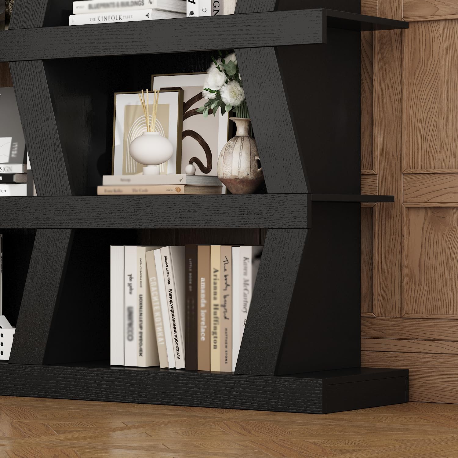 Hitow 51.2" W 5-Tier Bookshelf with 10 Compartments, Modern Book Storage Rack with Irregular Shape, Wooden Display Shelf Cabinet, Black
