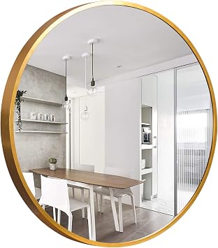 self Round Wall Mirror - 24" Large Wall Mounted Mirror, Aluminum Alloy Frame Round Mirror for Bathroom, Entry, Dining Room, Living Room - Gold