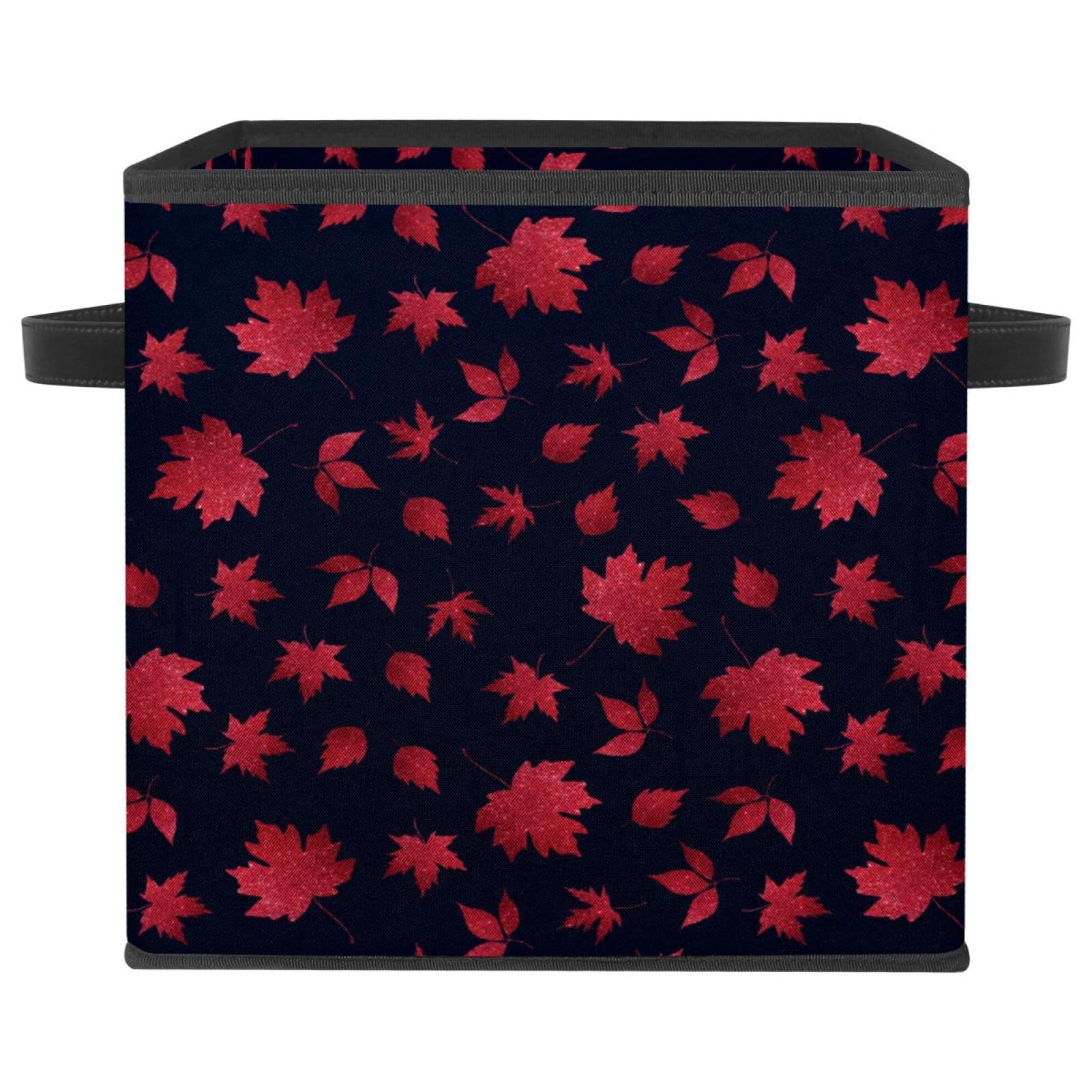 Boîte de rangement pliable cube en tissu bleu avec motif de feuilles d'érable rouge pour placard