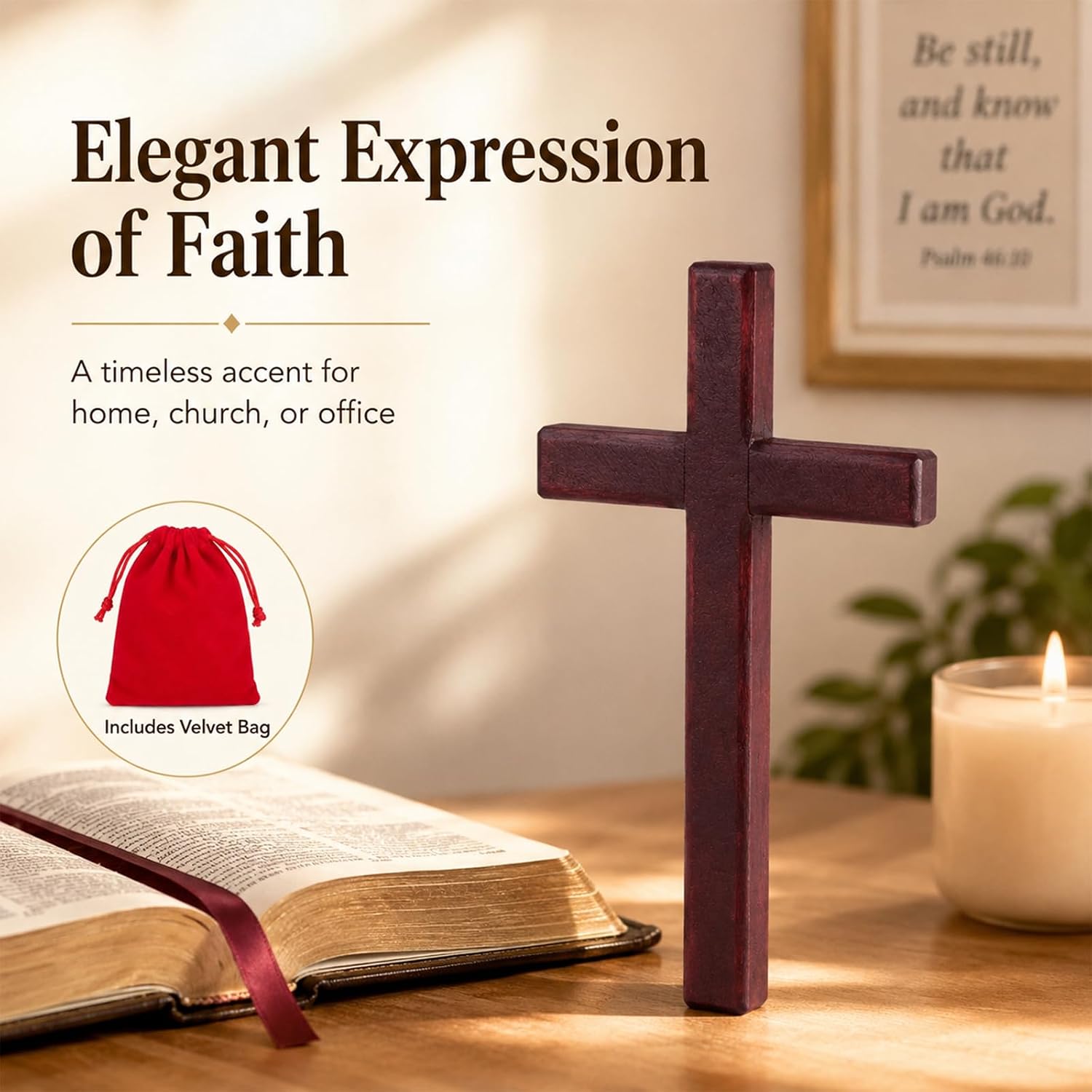 CHENG XIN Christian Wooden Cross Wall Decoration Hand Held Prayer Crosses Palm Sized Christian Gift 4.7 inch, with Velvet Bag