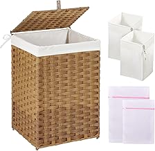 Greenstell Laundry Hamper with Lid, 60L Clothes Hamper with 2 Removable Liner Bags & 2 Mesh Laundry Bags, Handwoven Synthetic Rattan Laundry Basket for Clothes, Toys in Bathroom, Bedroom Natural