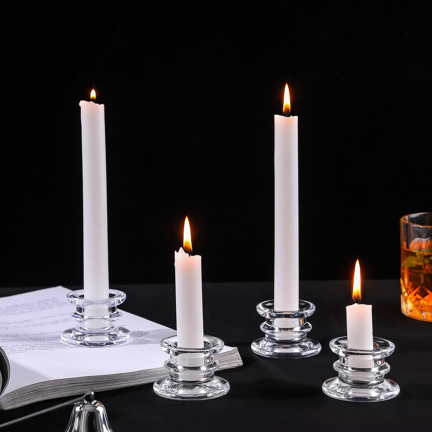 Glass Candle Sticks Holder Decor Clear Short Small Candlestick Holders Modern for Table Centerpiece Wedding Christmas Dinner Party (WZ-1-Clear-24pcs)