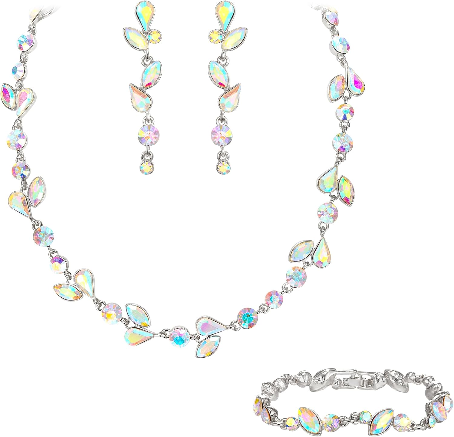 Ever Faith Parure De Bijoux De Mariage Pour Femme Avec Pendentif En Forme De Feuille Et Fleur En Cristal Pour Demoiselle D'honneur, Cristal, Cristal