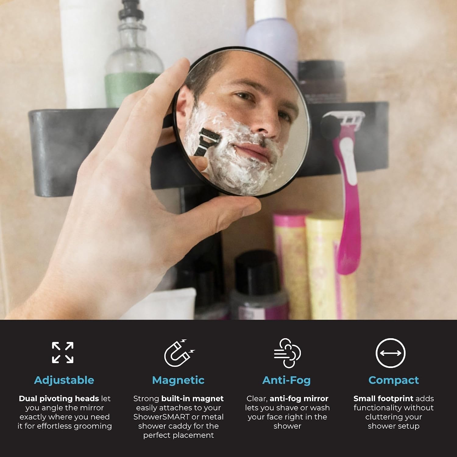 ShowerSMART Magnetic Anti-Fog Shower Mirror for Shaving, Fogless, Compact