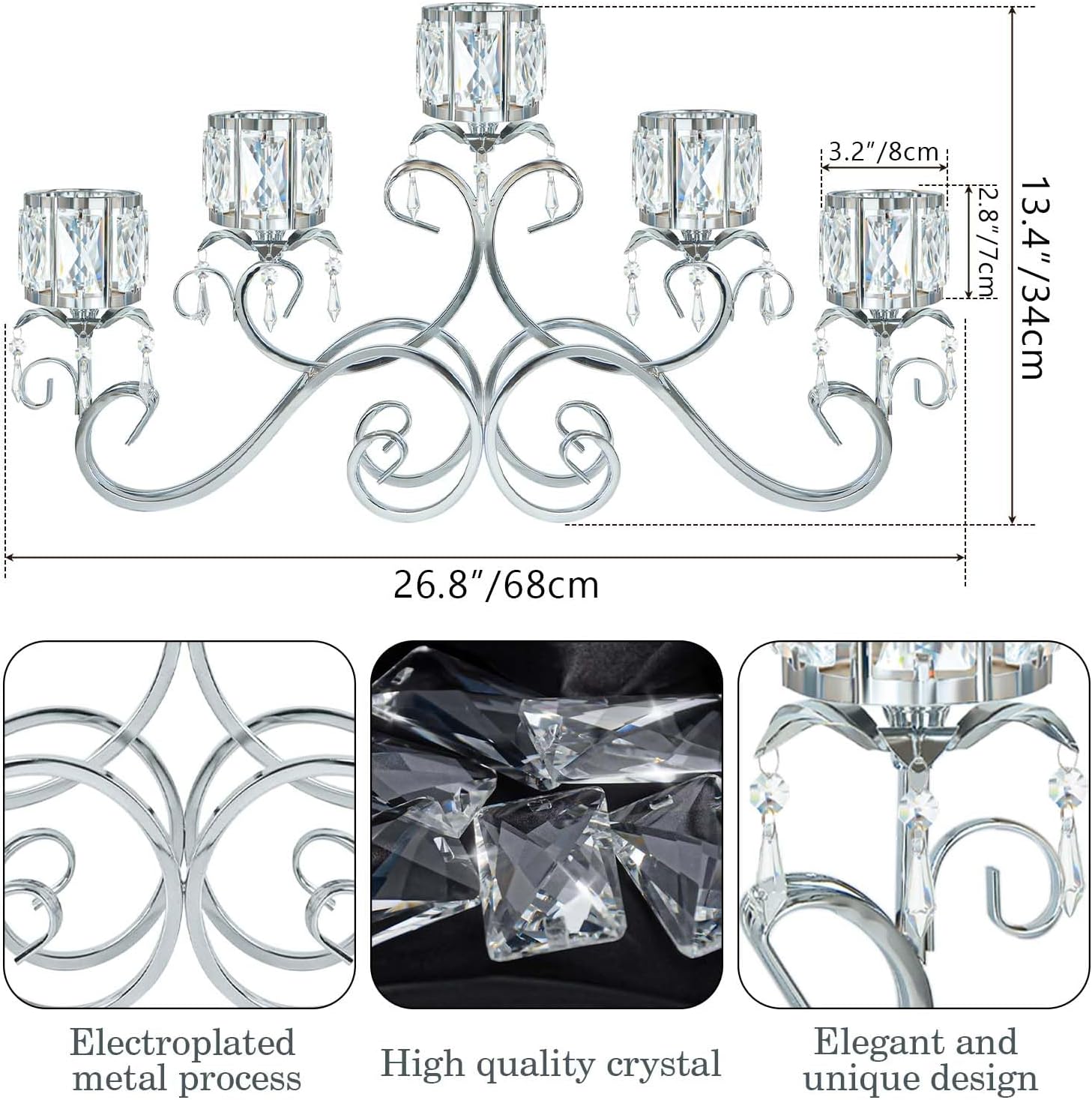Large Crystal Bowl Tea Candle Holder Beautiful Crystal Votive Candlestick 5 Arm Metal Candlabra Decorations for Table Centerpieces Wedding Party Home Favors (Silver, 5 Arms).