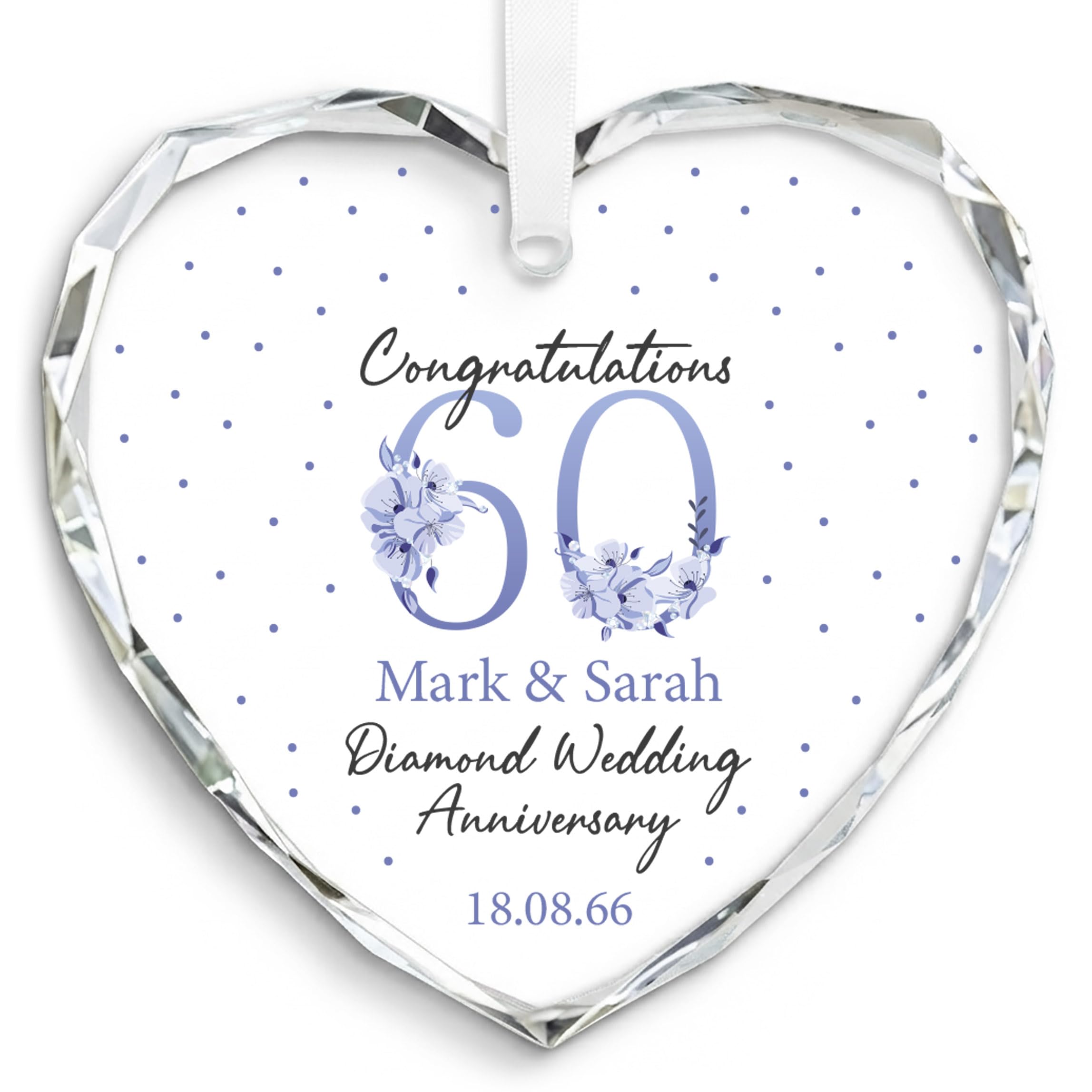 Beecreative Personalised 60th Anniversary Wedding Gifts - Custom Crystal Glass Hanging Decoration - Diamond Wedding Anniversary Present For Parents - With Gift Bag