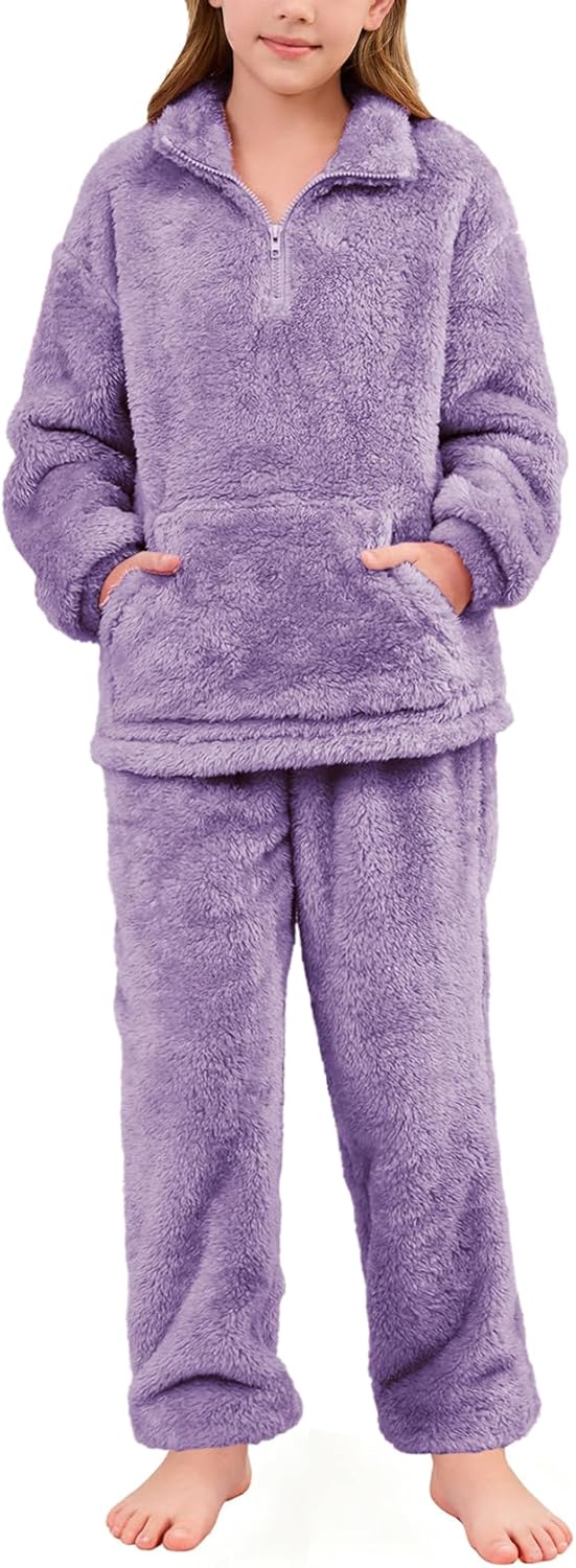 Flygo Girls Boys Fuzzy Pants Set Fleece Sweatsuit Flannel Fluffy 1/4 Zip Sweatshirt Pants Sets 2 Piece Outfits 5-14Years