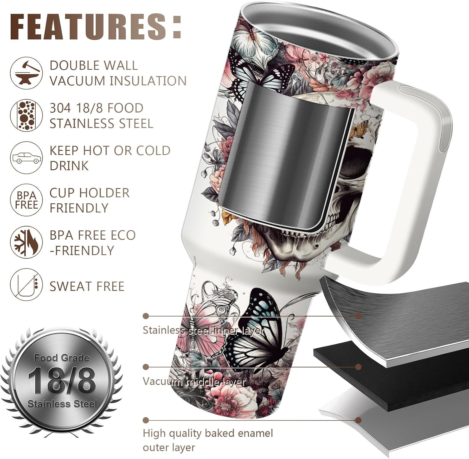 Gothic Skull Floral 40oz Tumbler with Handle, Halloween Cup for Women image 4