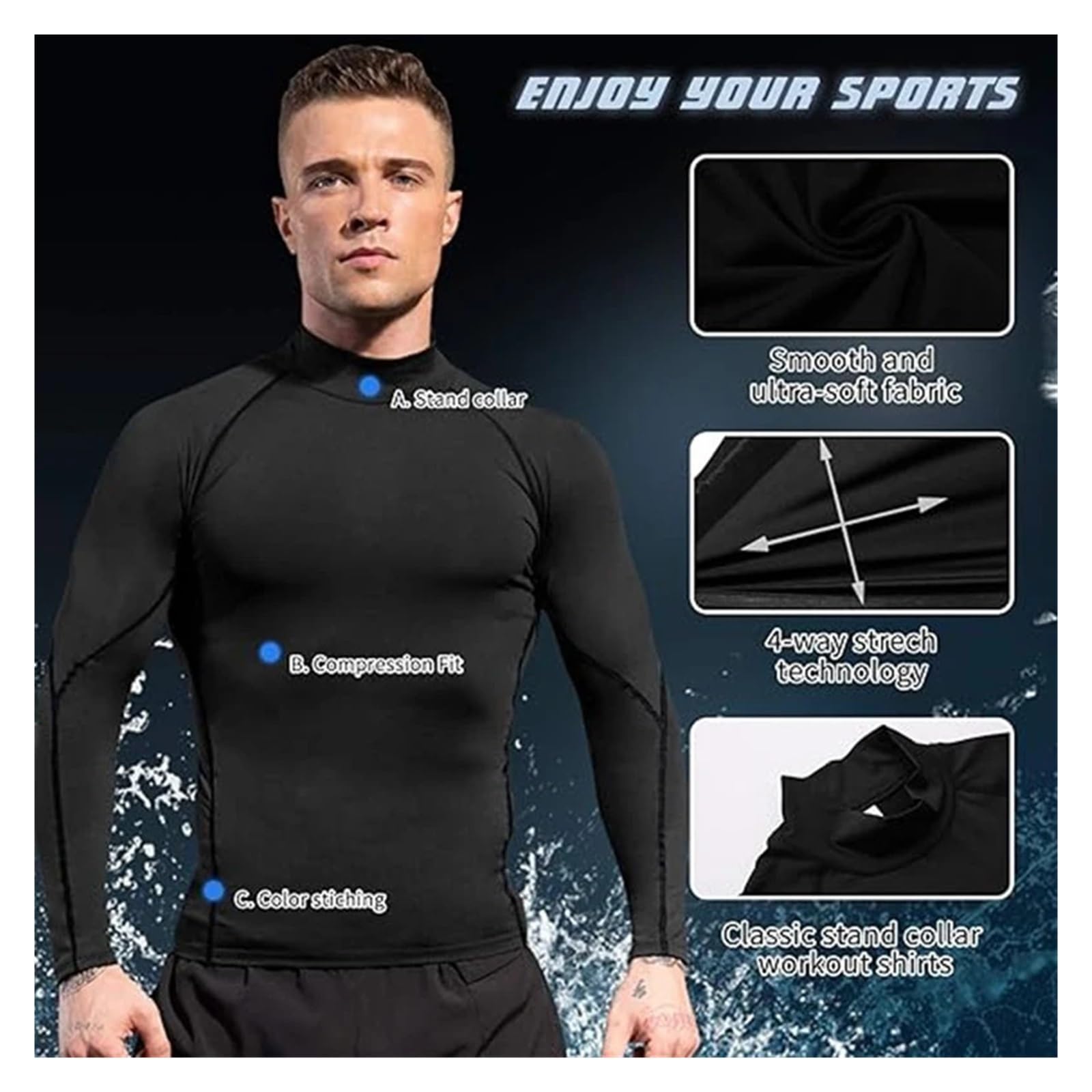 Camiseta Ajustada Deportiva de Manga Larga compresión Secado rápido con Cuello Alto for Hombre, Informal for Correr