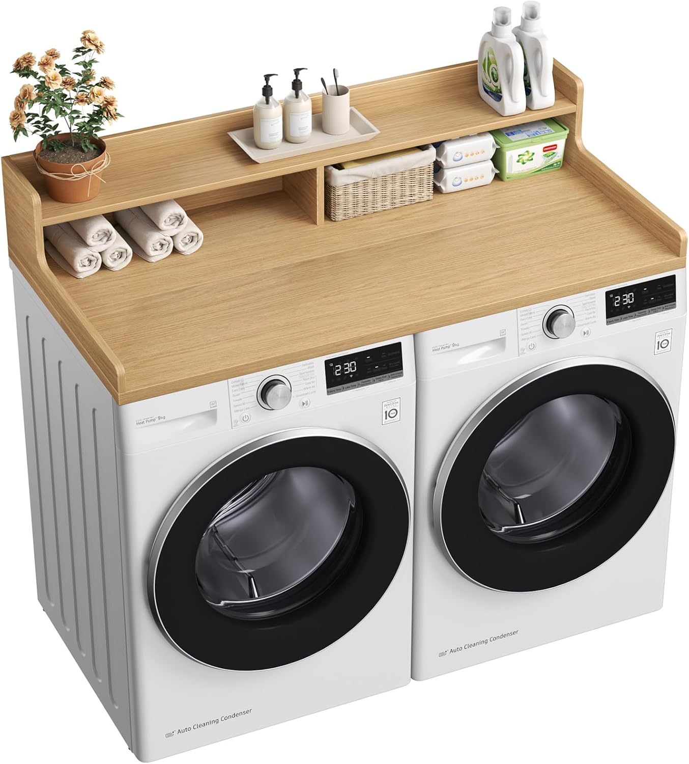 VOPEAK Washer and Dryer Countertop with Shelf, 2-Tier Washer Dryer Topper, 54" x 27.5" Spacious Laundry Countertop, Washing Machine Topper for Laundry Room Organization and Folding Clothes, Oak