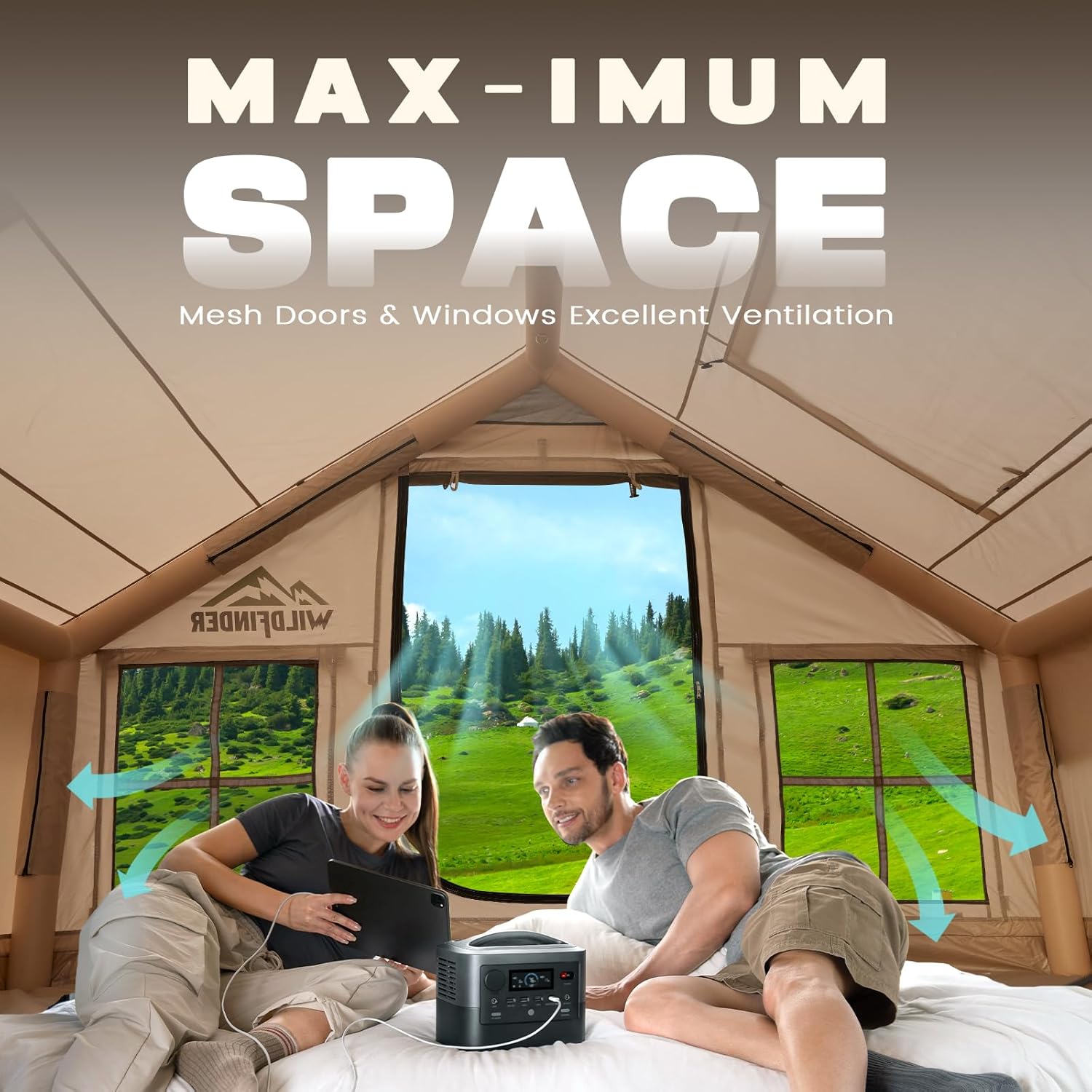 Inflatable Tent with Skylight, Quick Setup Blow Up Tents with Pump, Hot Tent with Stove Jack, Waterproof Oxford Inflatable House for Camping, Air Glamping Tents for Camping Adult 4-6 Person