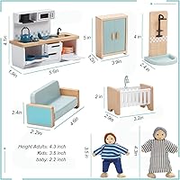 Vista 9 de Giant bean Juego de muebles de casa de muñecas de madera de 36 piezas, 5 habitaciones y 4 muñecas familiares, accesorios de madera y plástico azul