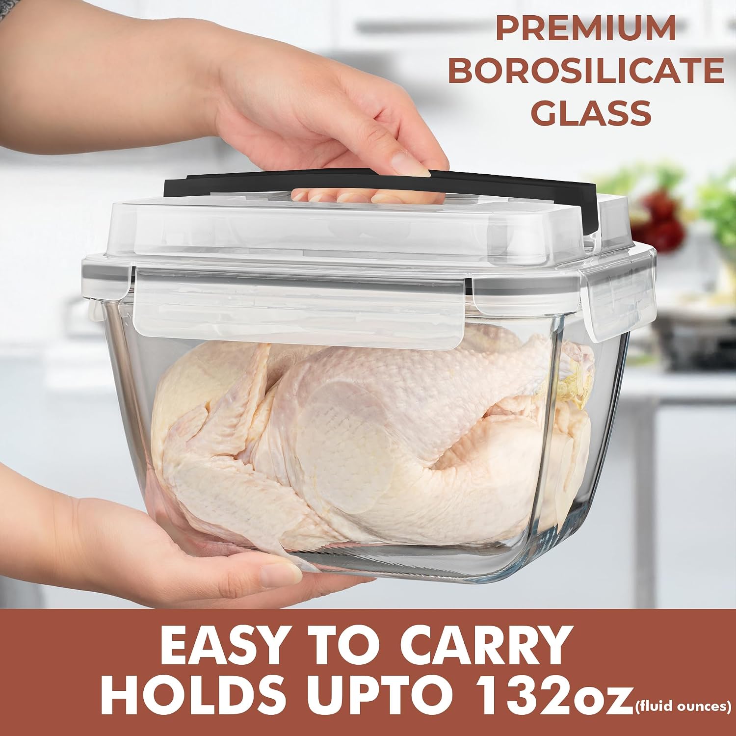 Razab 17 Cups / 132 Oz / 3900ml Large Glass Food Storage Containers with Lids - Leakproof, BPA-Free Large Meal Prep Container Ideal for Roasting Turkey, Store Leftover - Microwave & Oven Safe image 2