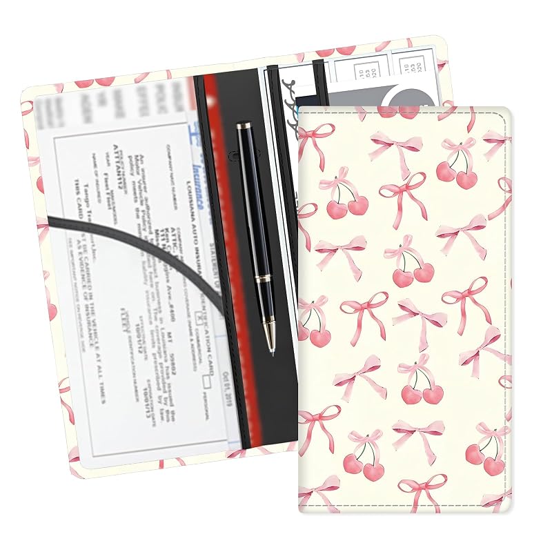 Porta-documentos automotivo de couro sintético para documentos, cartões e seguro ADUQLZUX Cute Pink Cherry Bow