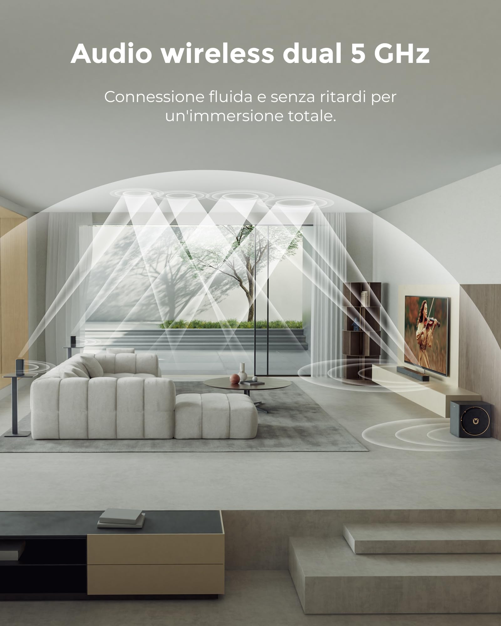 ULTIMEA Skywave X60 a 7.1.4 Canali Soundbar, Combo Audio Surround TV Wireless Professionale con Dolby Atmos, Soundbar da 840 W, Subwoofer da 8 Pollici, Amplificazione GaN e Pass-Through HDR 4K.