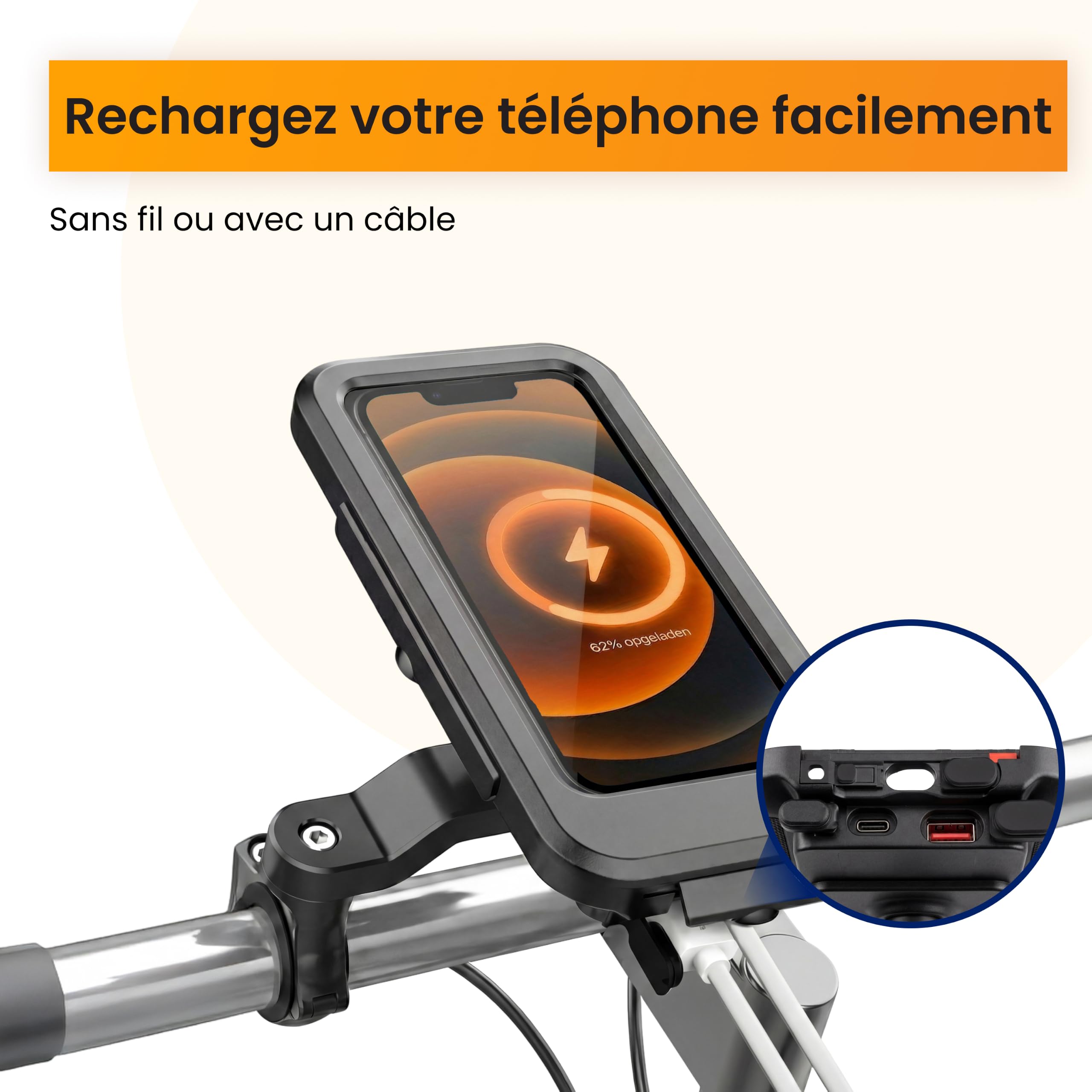 R2B Support Téléphone Vélo avec Batterie Externe 5000mAh, Support Vélo Étanche Téléphone Support Smartphone Vélo avec Charge sans Fil pour Moto, Scooter et E-Bike