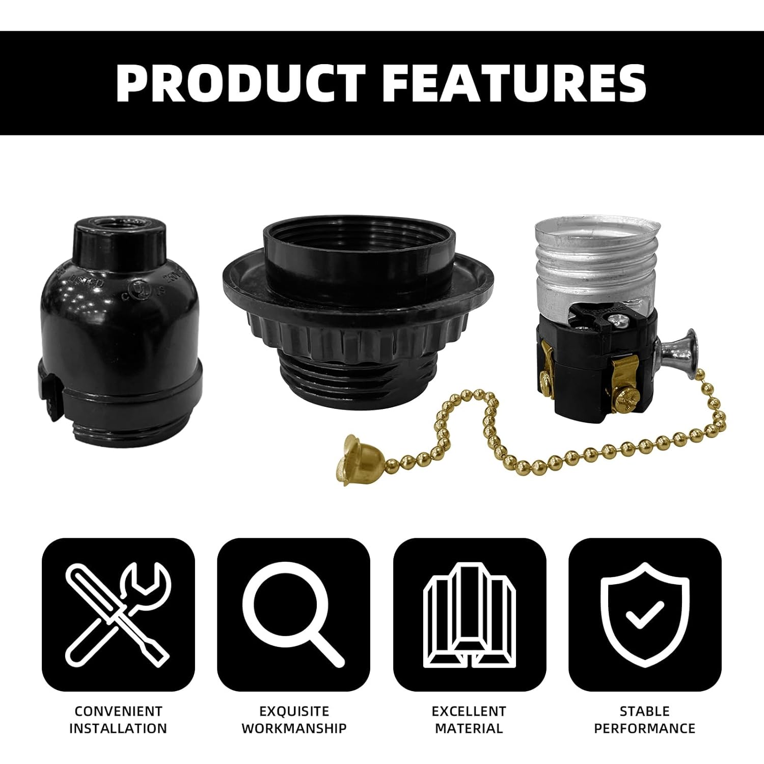 6Pcs E26 Lamp Socket with Pull Chain Switch, Threaded Lamp Socket Replacement, Medium Base Light Sockets with Lamp Shade Ring for Table, Floor Lamp, Lamp Repair Parts Kit