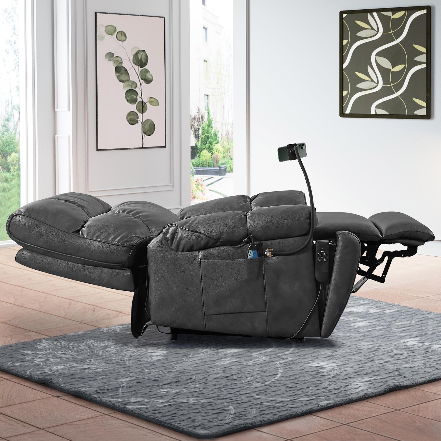 TRIPLE TREE 180° Lay Flat Power Recliner Chair for Elderly,Electric Power Lift Recliner Chair with Massage and Heat Up to 300LBS,Breathable Leather Recliner Chair with 3 Positions,Gray