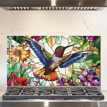 fzxwyishu Tempered Glass Backsplash for Kitchen,Stove behind Splashback Protector Hummingbird Design | Heat-Resistant Splash Board,Wall Art Decoration Art Deco 2, 30"x16"76.2x40.64cm