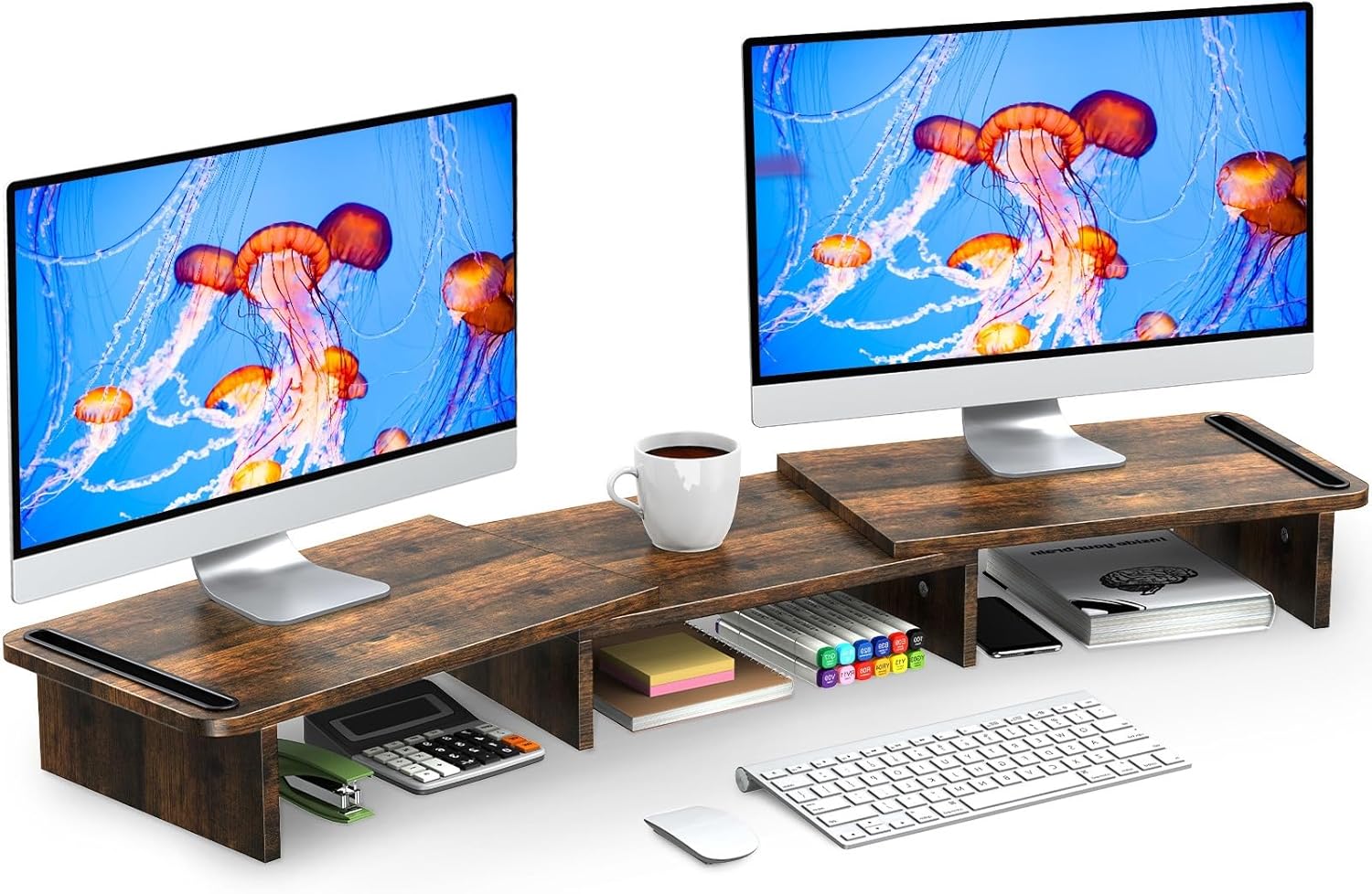 Dual Monitor Stand Riser, Laptop Computer Riser Adjustable Length and Angle, Desktop Wooden Stand 2 Tiers with Storage Organizer for Home Office(Brown)